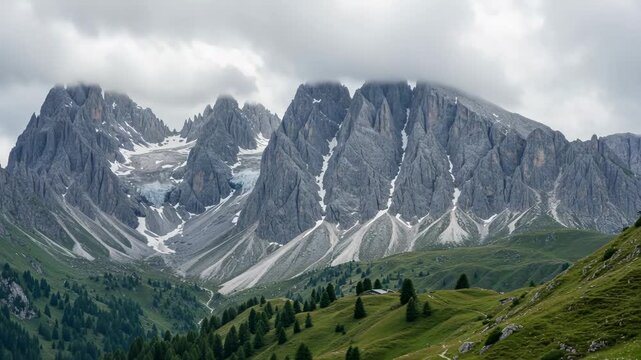 Jagged mountain peaks with snow patches and green forested slopes under a cloudy sky
