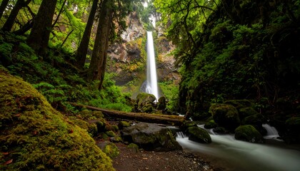 Lush forest waterfall scene
