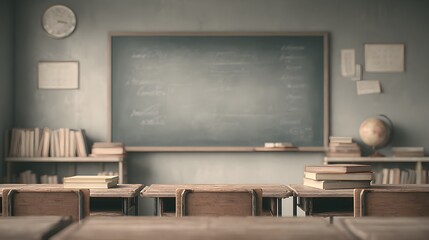 Community classroom with chalkboard still covered in notes, dawn cold light, muted neutral palette