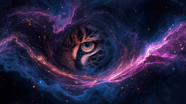 Tiger's Eye in Space Galaxy: Abstract Art of Animals, Cosmic Swirls, and Colorful Fur in a Dreamlike Universe