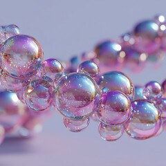 Iridescent spheres float, intertwining in a gentle curve against a soft lilac backdrop