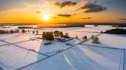 Beautiful snowy fields with sunset sky and countryside farm aerial view in winter 
