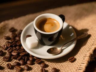 A freshly brewed espresso in a black cup with a sugar cube, spoon, and roasted coffee beans on a burlap surface.