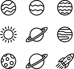 A Collection of Space Exploration Icons Featuring Planets the Sun the Moon and a Rocket on a White Background