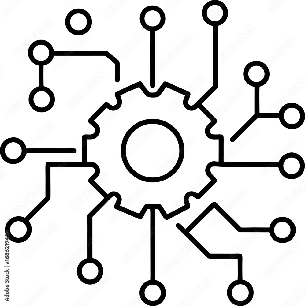 Fototapete gear symbol connected to network nodes representing technology artificial intelligence and machine l