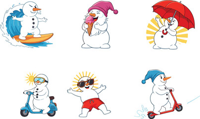 Funny summer snowman collection, surfing, eating ice cream, riding scooters, relaxing, wearing sunglasses, cartoon character illustration for seasonal fun