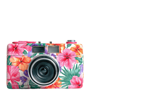 A vintage-style camera adorned with a vibrant floral pattern