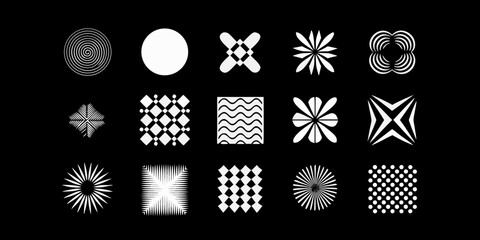 Collection of abstract geometric shapes and patterns in white on a black background