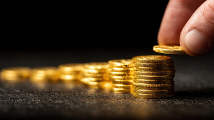 Close up view of hand stacking shiny gold coins, symbolizing wealth and prosperity. coins are arranged in neat pile against dark background, creating dramatic effect