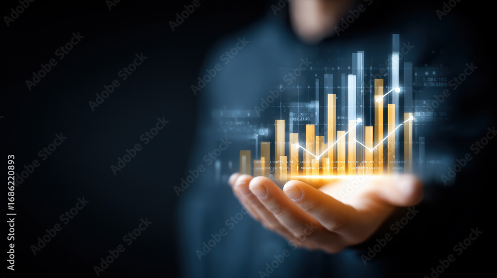 Poster hand holding digital graph with rising bars and lines, symbolizing growth and success in business an