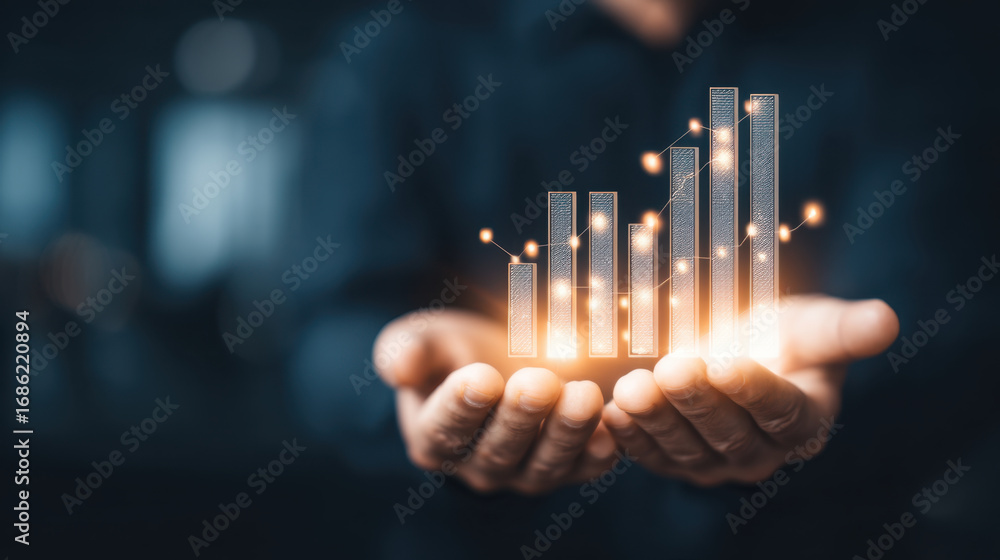 Poster hands holding glowing bar graph representing growth and success in business, showcasing data analysi