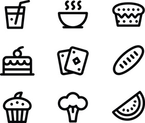 Assortment of Food and Game Icons Featuring a Drink, Hot Soup, Muffins, Slice of Cake, Playing Cards, Broccoli and Bread