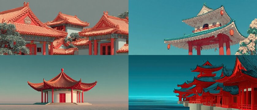 Four scenes of traditional Asian architecture with red roofs against pale skies