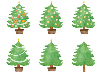 水彩で描いたクリスマスツリーのセットイラスト