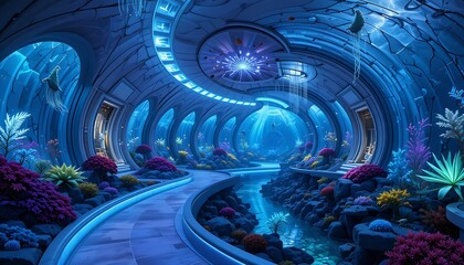 A underwater futuristic habitat,where the continuous curved walls are alive with glowing,organic patterns and soft light emanates from deep-sea flora integrated into the architecture