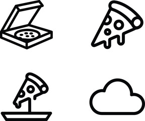 Line Art Icons Representing Food Delivery Services Featuring an Open Pizza Box a Slice of Pizza and a Cloud Shape Design