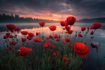 Vibrant red poppies reflected in calm lake water at sunrise