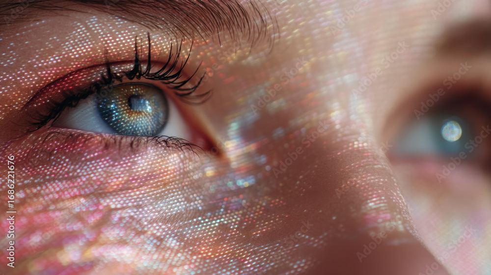 Aufkleber close up of person eye with colorful light patterns projected onto skin, creating mesmerizing effect