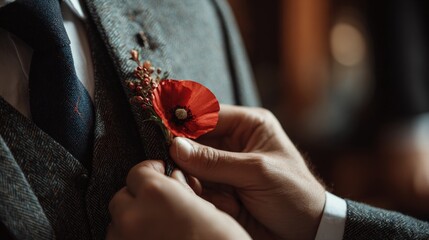 Close-up of Hand Pinning Poppy Flower on Lapel with Blurred Ceremony Background and Warm Lighting