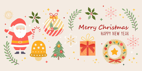Festive christmas and new year illustration featuring santa claus ornaments gifts and snowflakes