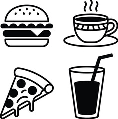 Collection of Classic Fast Food Icons Including a Burger, Coffee, Pizza, and a Refreshing Drink Illustration with High Contrast