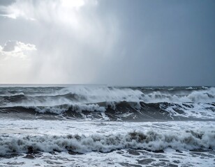 Stormy ocean waves crashing on shore