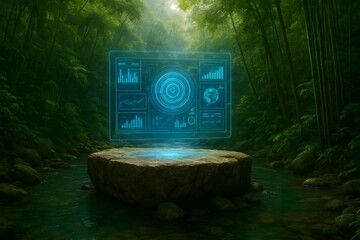 Futuristic AI Screen in Jungle River Landscape"