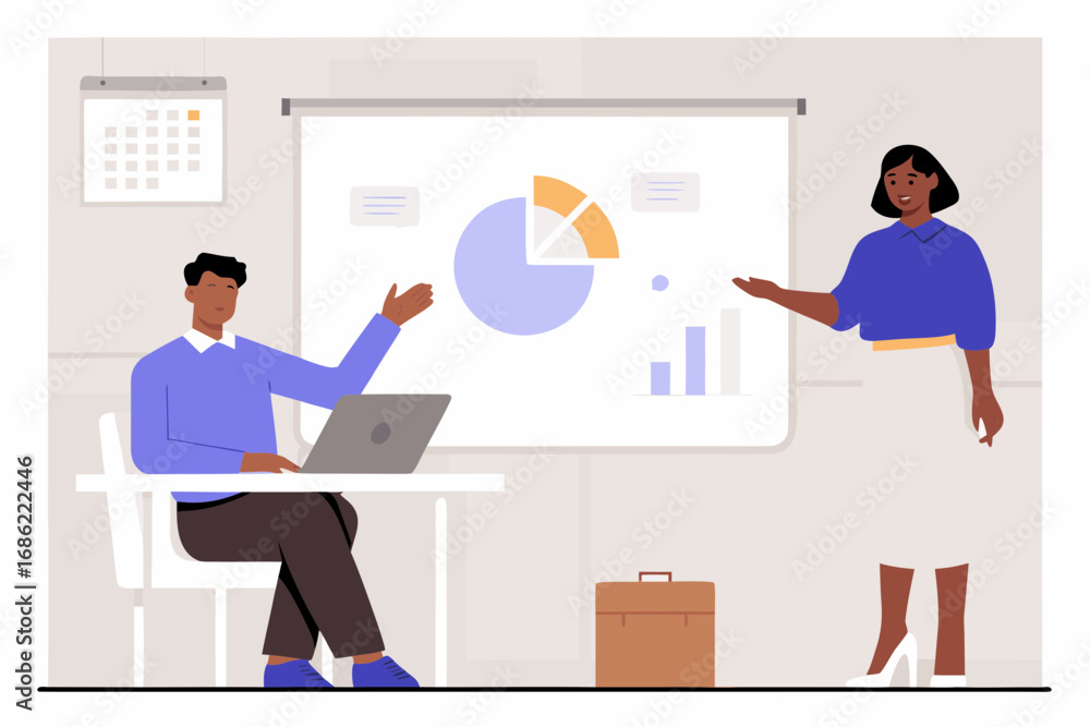 Poster diverse business professionals presenting data charts and graphs during a meeting or presentation