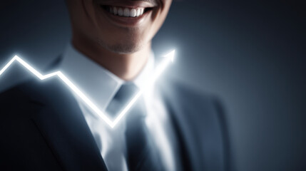 Confident businessman smiles, symbolizing success and growth, with rising graph overlay representing positive trends in finance and business