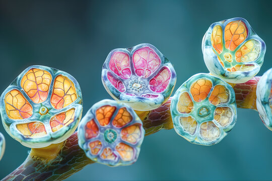Vibrant macro abstract organism cell structure shows intricate cellular pattern. Organic microscopic detail highlights translucent texture, vivid color, futuristic design.