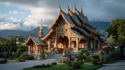 Magnificent Thai Temple in a Serene Landscape, Tranquility and Spiritual Place