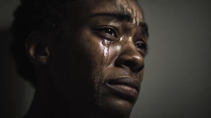 Close-up of a woman with tears streaming down her face, conveying sadness and emotional distress.