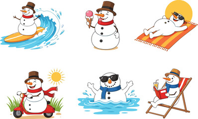 Funny summer snowman cartoon set, snowman surfing, swimming, sunbathing, reading, eating ice cream, vacation illustration, winter character in summer