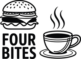 Four Bites Eatery Logo Depicting a Hamburger with Seeds and Coffee Cup with Rising Steam Design for Restaurant Branding