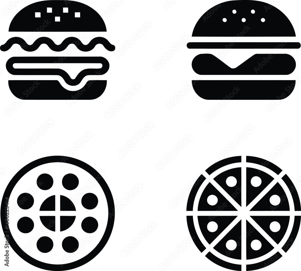 Poster minimalist iconography displaying fast food items delicious burgers and pizzas representing common c