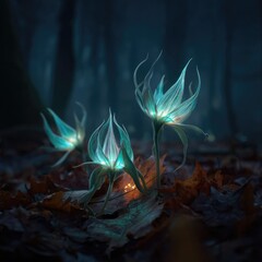 Glowing teal flowers in a dark forest