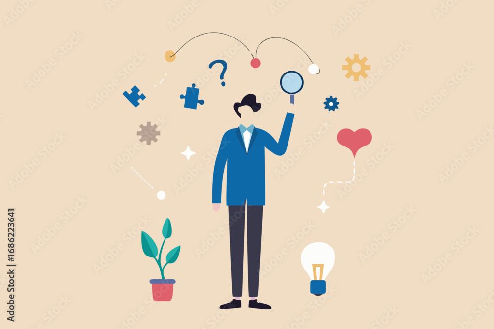 Poster man with magnifying glass looking for solutions and ideas with puzzle pieces and lightbulb