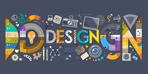Creative word art spelling out design with colorful illustrations of design tools and concepts