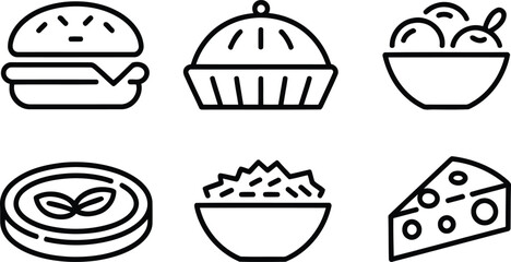 Delicious Food Icons An Assortment of Culinary Delights Featuring a Burger Pie Ice Cream Mochi Salad and Piece of Cheese Illustration