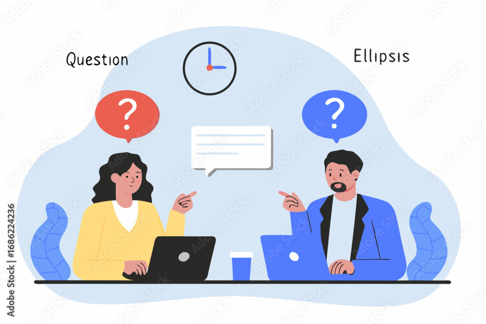 Poster two people at laptops discussing and asking questions with speech bubbles and a clock overhead
