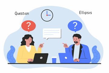 Two people at laptops discussing and asking questions with speech bubbles and a clock overhead