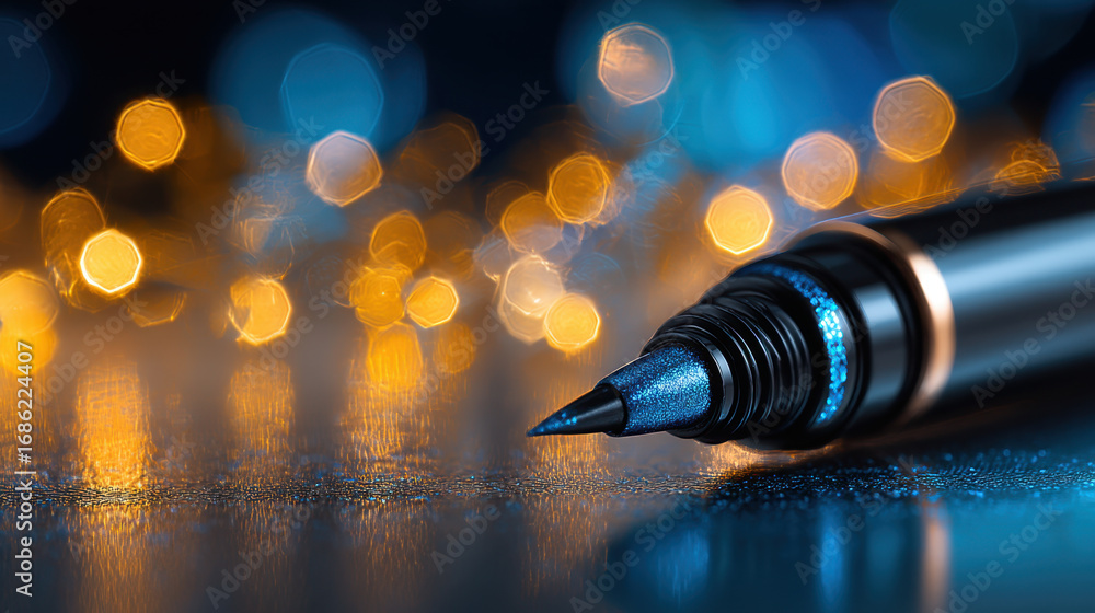 Poster close up view of blue metallic pen resting on reflective surface, surrounded by beautiful bokeh of w