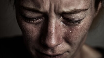 Fototapeta premium Close-up of a woman with tears in her eyes, expressing sadness and emotional distress.