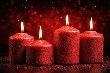 Four red candles burn brightly against a bokeh background