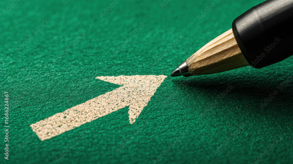 Poster Close up view of pen resting on green surface, with arrow drawn in white pointing upwards. image conveys sense of direction and purpose, ideal for themes of guidance and progress