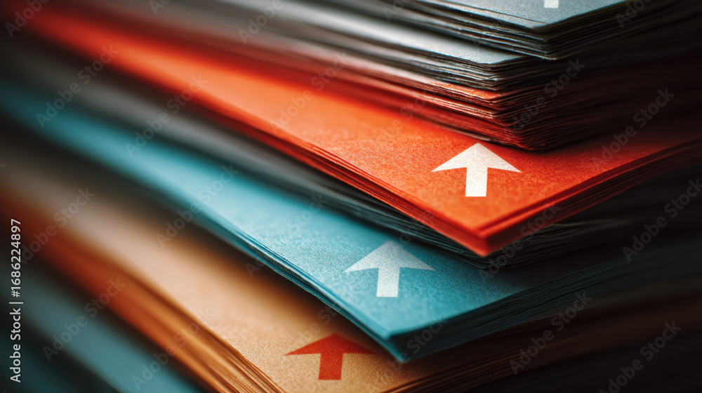 Poster colorful stacks of paper with upward arrows create visually striking composition, symbolizing growth