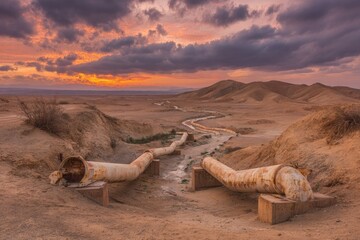 Rusted pipes in arid landscape at sunset