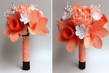 Peach and white paper flower bouquet, two views