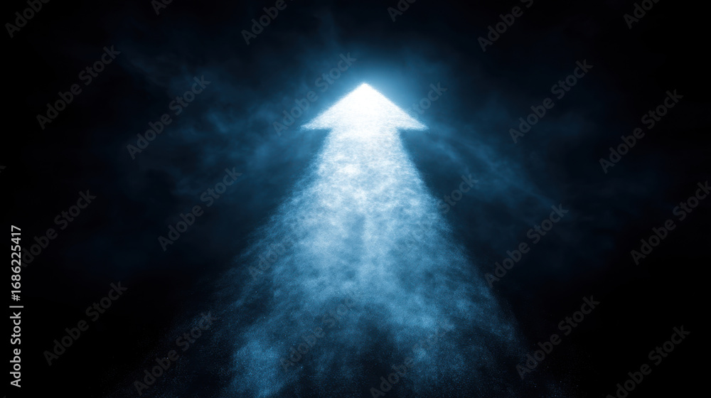 Poster bright arrow symbolizing progress and direction, emerging from dark background filled with mist. eth