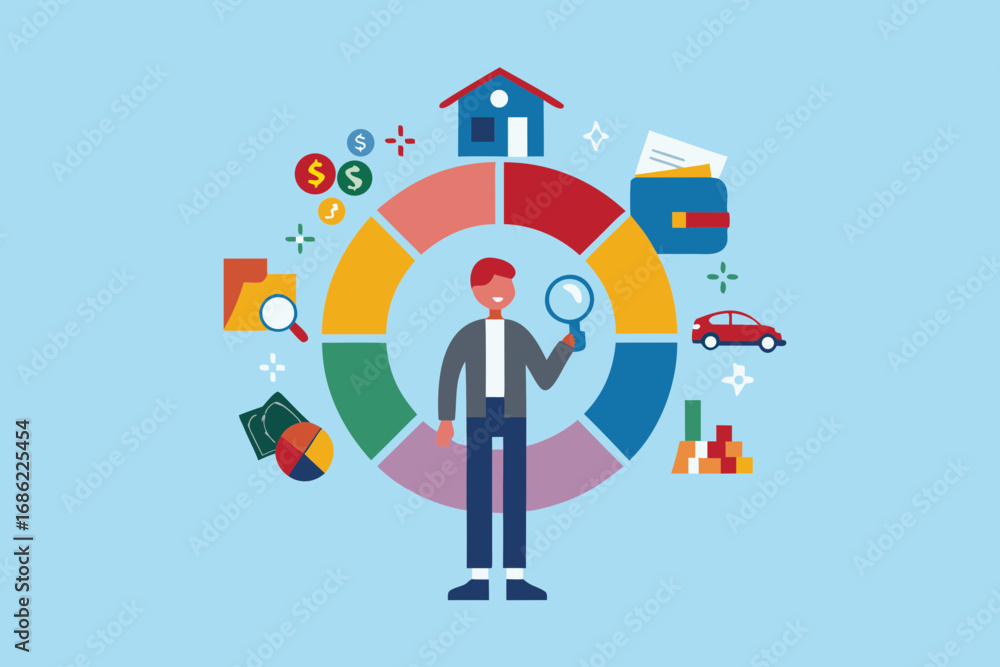 Poster man with magnifying glass analyzing financial pie chart with icons of house car wallet money and doc